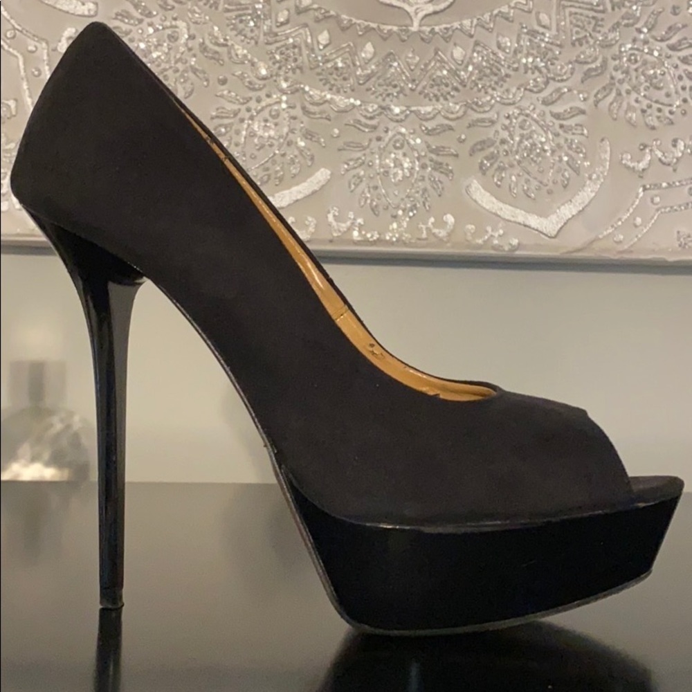 Black Suede peep toe stilettos- Red bottoms